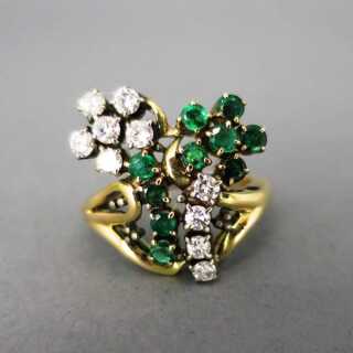 Vintage Damen Ring mit Smaragden und Brillanten im floralen Design