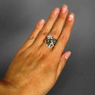 Vintage Damen Ring mit Smaragden und Brillanten im floralen Design