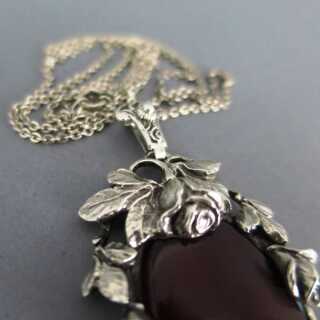 Silver floral pendant with huge carnelian cab an chain
