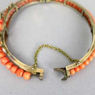 Early victorian bangle with coral and oriental pearls gold plated tombac