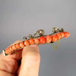 Early victorian bangle with coral and oriental pearls gold plated tombac