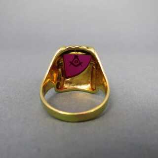 Prächtiger Männer Freimaurer Ring in Gold mit Goldrubinglas etwa 1930 vintage