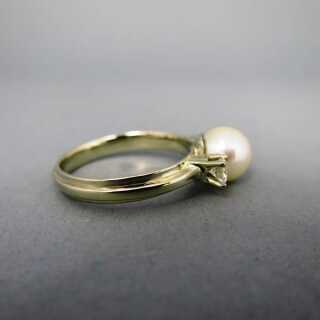Weißgold Schmuck für Damen - Annodazumal Antikschmuck: Vintage Ring mit Akoya Perle und Brillanten 