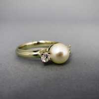 Damenringe in Gold - Annodazumal Antikschmuck: Vintage Damenring in Weißgold mit Perle und Brillanten