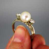 Vintage Damen Ring in Weißgold mit Perle und Brillanten