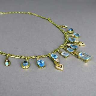 Prächtiges Goldcollier mit blauen Edelsteinen Topase Opale und Turmaline 