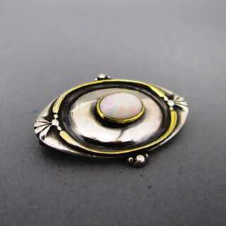 Unique genuine opal brooch in silver and gold handmade vintage designer jewelry