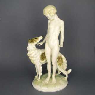 Antike Hutschenreuther Porzellan Figur Mädchen mit Windhund