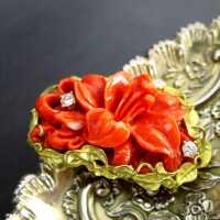Hand carved coral brooch with diamonds