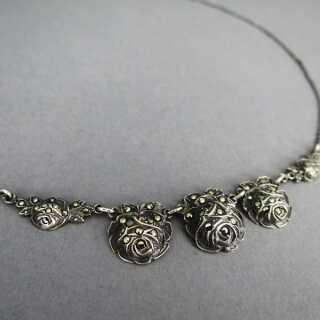 Romantische Art Deco Kette in Silber mit Rosen und Markasiten