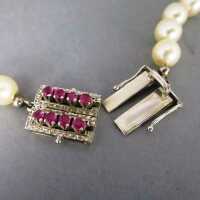 Akoya pearl necklace, rubies and white gold