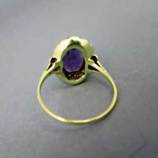 Unique vintage open worked ladys gold ring with huge oval amethyst stone