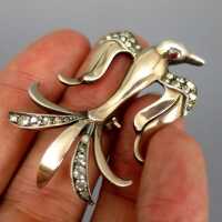Wunderschöne Art Deco Damen Brosche Vogel in Silber und Gold mit Glassteinen