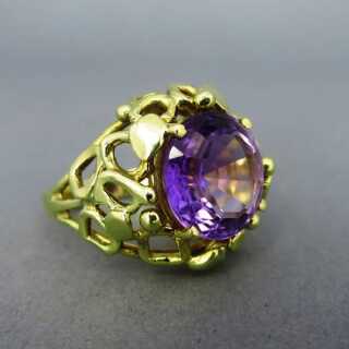Unique lost wax gold ring with huge amethyst