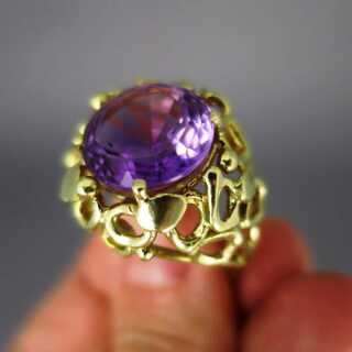 Unique lost wax gold ring with huge amethyst