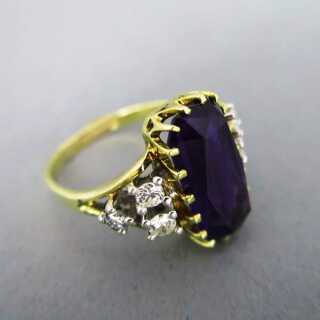Gorgeous ladys ring with huge amethyst stone and diamonds in gold