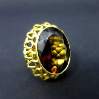 Vintage open worked gold ring with huge oval-shaped smoky topaz stone