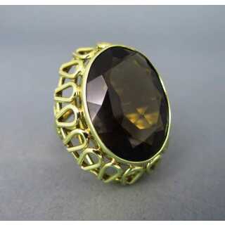 Vintage open worked gold ring with huge oval-shaped smoky topaz stone