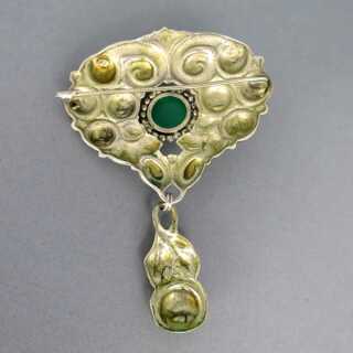 Beautiful Art Nouveau silver brooch with rose relief and chrysoprase cabochon