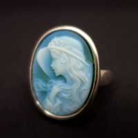 Vintage Damen Ring in Silber mit grün-blauer Achat-Kamee mit Damenporträt