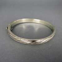 Art Deco silver hinged bangle ribbed decor with pearl frieze vintage 