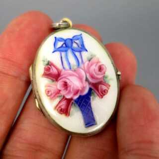 Antique ladys locket medalion in silver and enamel hand painted basket and roses