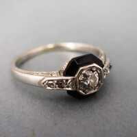 Antiker Art Deco Ring Weißgold Brillant Diamanten Onyx Verlobungsring selten