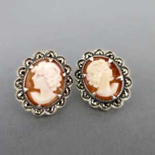 Vintage stud earrings carved shell cameo portrait silver marcastes