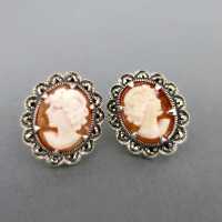 Vintage stud earrings carved shell cameo portrait silver...