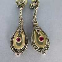 Art Deco long dangling stud earrings silver camphor glass marcasites rubellite