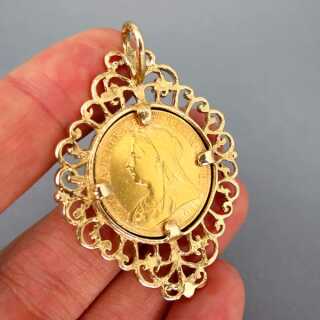 Gold Anhänger mit antiker Goldmünze Sovereign 1895 Königin Victoria dekorativ