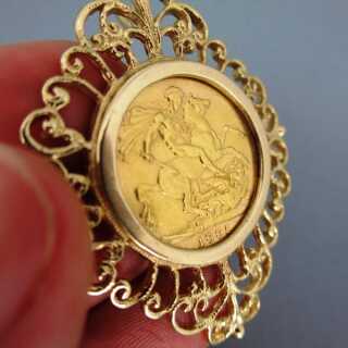 Gold Anhänger mit antiker Goldmünze Sovereign 1895 Königin Victoria dekorativ