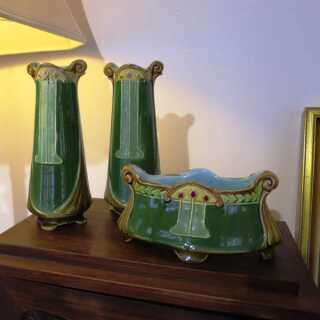 Antique majolica set of 2 vases and planter handmade Art Nouveau Austria Annodazumal