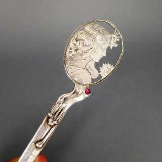 Antiker Brieföffner Jugendstil in Silber mit Rubin Handarbeit gegossen Frauenkopf