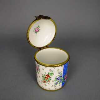 Vintage cylindrical porcelain box hand painted with brass mounting Limoges France