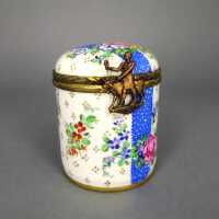 Vintage cylindrical porcelain box hand painted with brass...