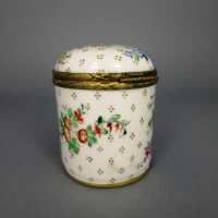 Vintage cylindrical porcelain box hand painted with brass mounting Limoges France