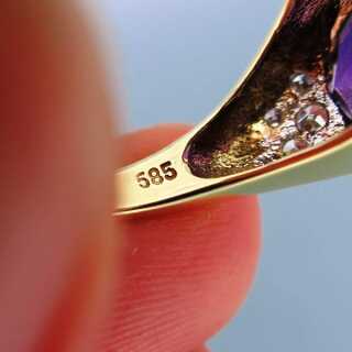 Prächtiger interessanter Damen Ring in Gold mit Amethyst und Brillanten Handarbeit