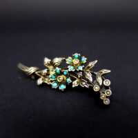Antique victorian floral brooch with persian turquoises and seed pearls handmade