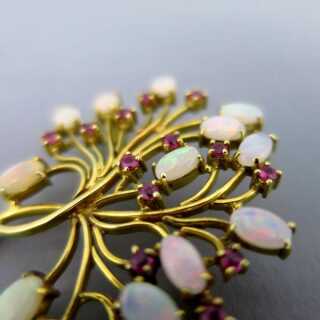 Traumhafte Gold Brosche mit Opalen und Rubinen Goldschmiedearbeit Blütenzweig