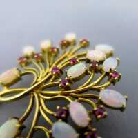 Charming tree branch 14 k gold brooch with genuine australian opals and rubies 