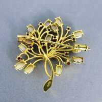Charming tree branch 14 k gold brooch with genuine australian opals and rubies 