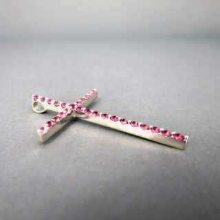 Delicate cross pendant in white gold filled with pink tourmaline and diamond