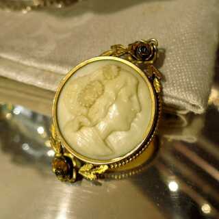 Antique victorian cameo pendant with woman portrait and rose flowers on frame