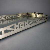 Elegant big Art Deco tray with glass inlay and open worked walls and handles 