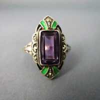 Art Deco ladys ring in silver with amethyst enamel and marcasite Pforzheim