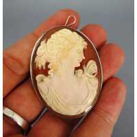 Antique brooch and pendant with carnelian cameo woman portrait in silver mounting
