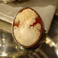 Antique brooch and pendant with carnelian cameo woman portrait in silver mounting