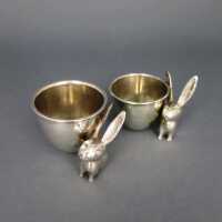 Set of 2 eggcups masive silver with rabbit figure Wilhelm Weinranck Hanau 1920