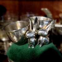 Set of 2 eggcups masive silver with rabbit figure Wilhelm Weinranck Hanau 1920